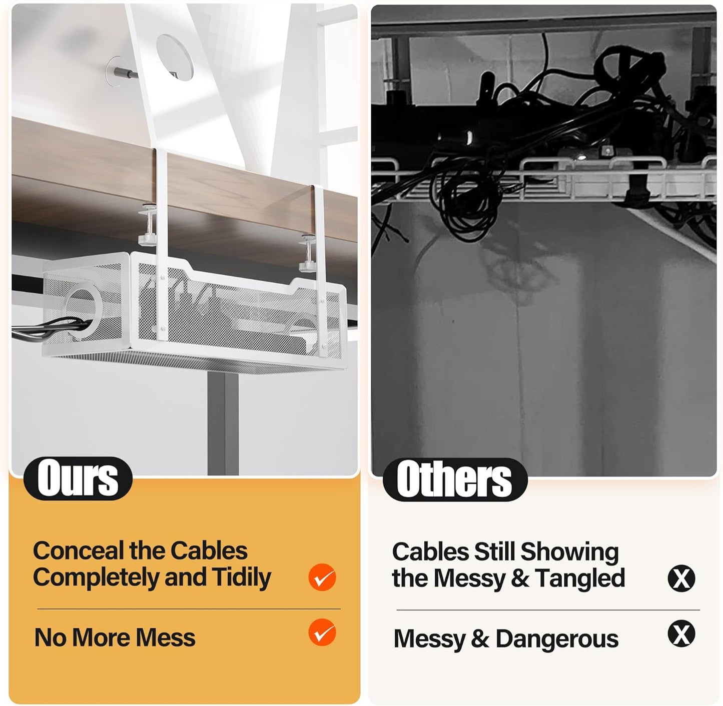 Under-Desk Cable Management Tray - No-Drill Clamp Design for Effortless Wire Organization in Office and Home