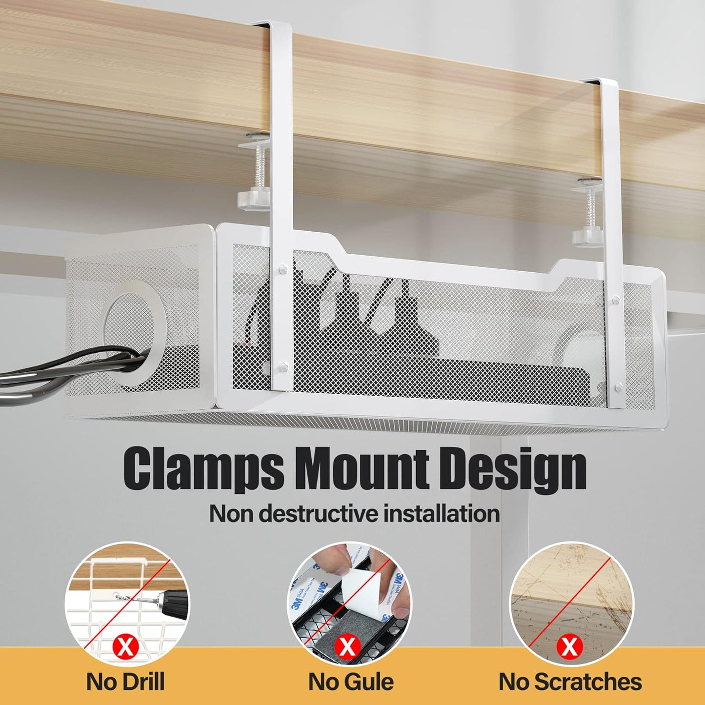 Under-Desk Cable Management Tray - No-Drill Clamp Design for Effortless Wire Organization in Office and Home